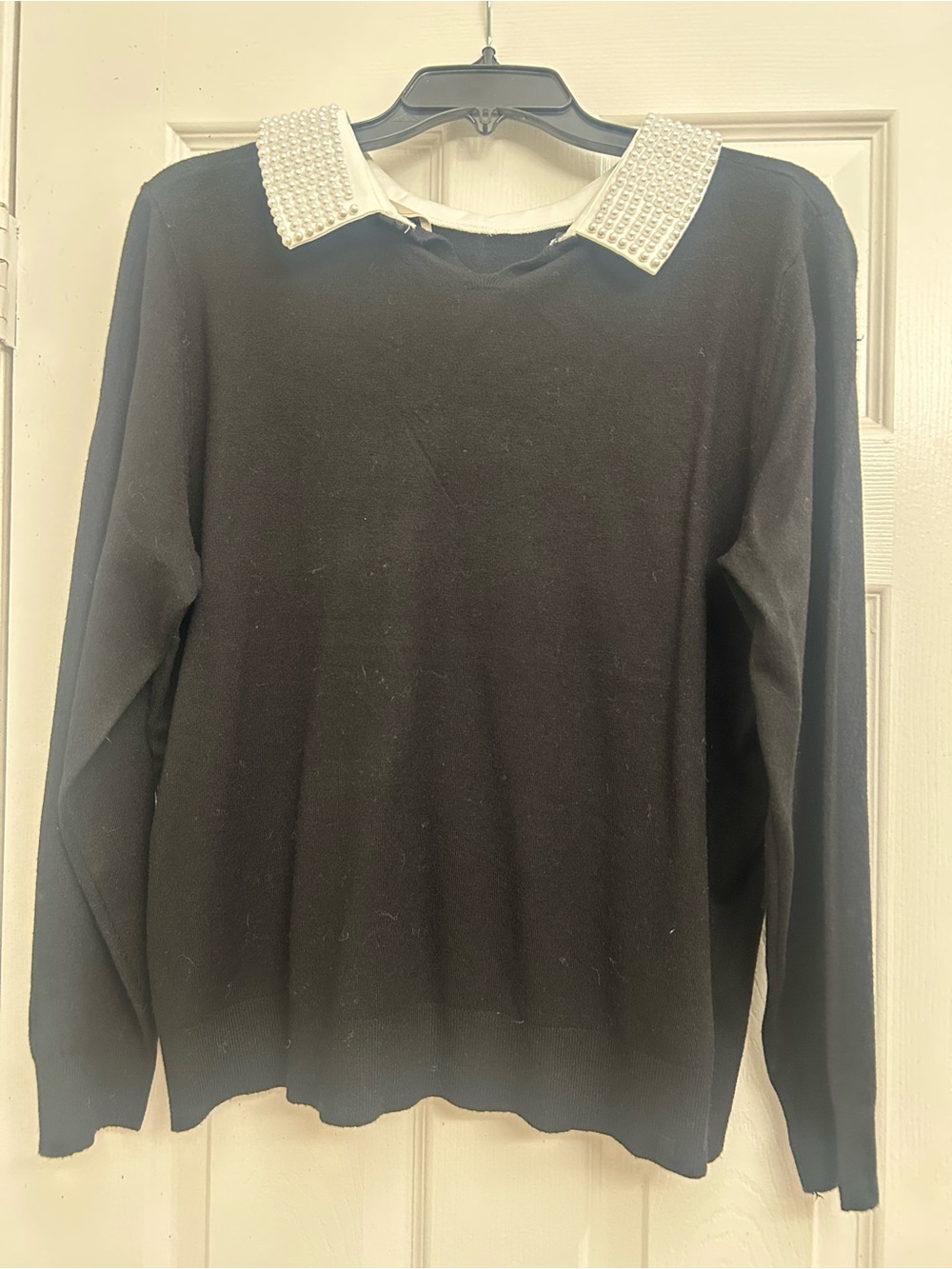 Sioni Black Top with Pearl-Embellished White Collar Accent - Picture 5 of 5